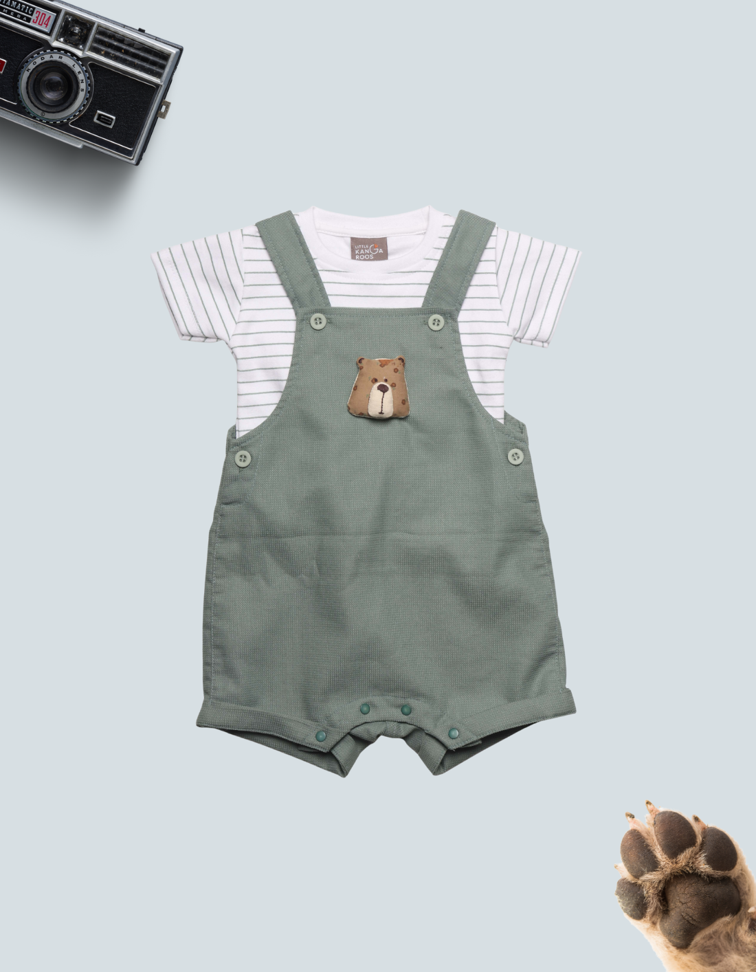 Baby Boy Bear Applique Romper Shortall and Striped T-Shirt Set