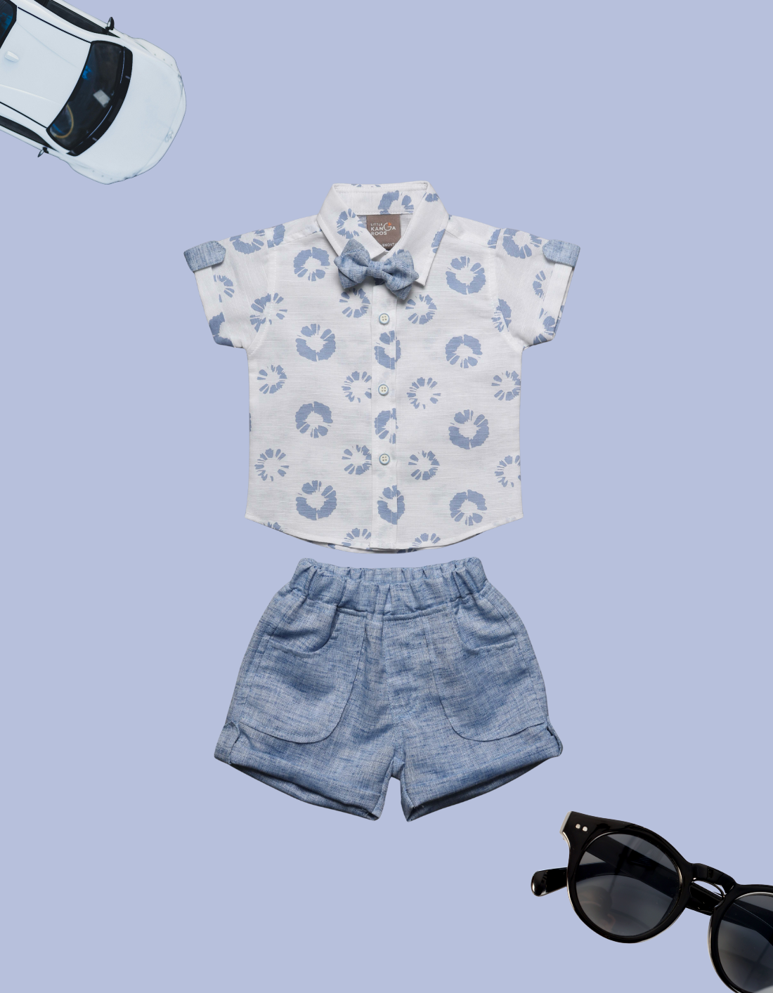 Baby Boy Blue Patterned Shirt, Bow Tie & Linen Shorts Outfit