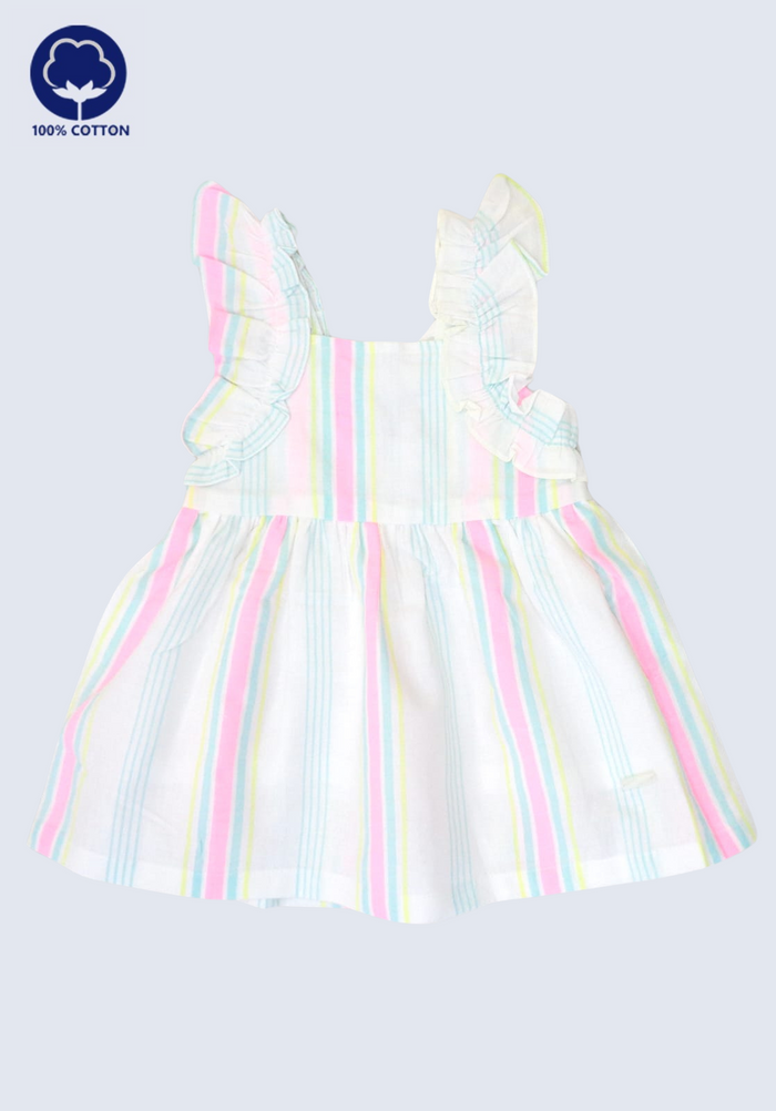 Girls' Pastel Rainbow Stripe Cotton Dress with Ruffle Sleeves – 100% Cotton