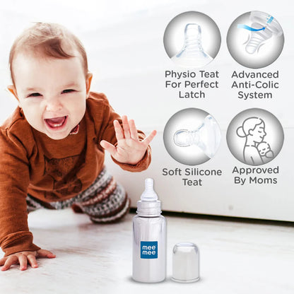 Mee Mee Milk-Safe™ Steel Feeding Bottle With Anti-Colic Teat | Baby Feeding Bottle With Eazy-Flo Nipple™ | 120ml