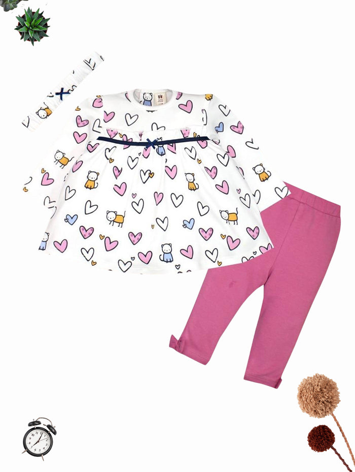 Heart Print Tunic & Leggings Set with Headband for Babies