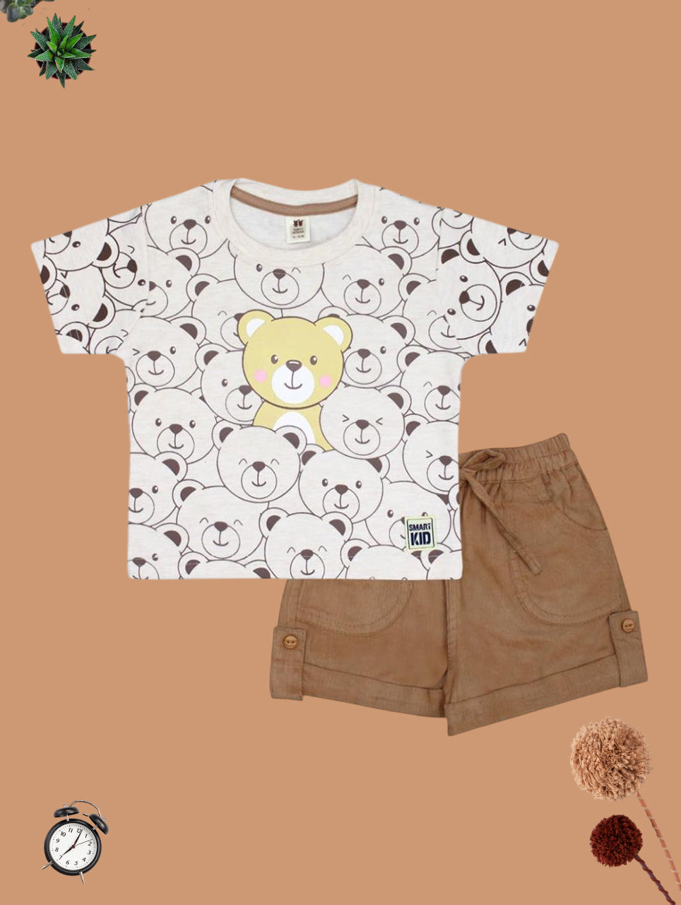 Smiling Teddy Print T-shirt & Brown Shorts Set for Kids