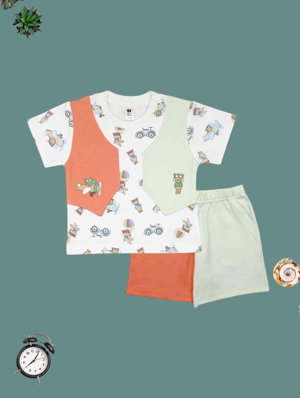 Bear Print Colorblock T-shirt & Shorts Set for Kids