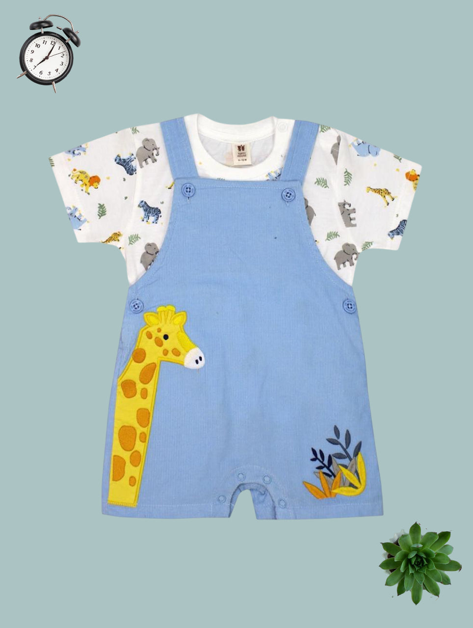 Giraffe Embroidered Blue Overalls Set with Jungle Animal T-shirt