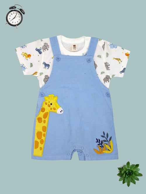 Giraffe Embroidered Blue Overalls Set with Jungle Animal T-shirt
