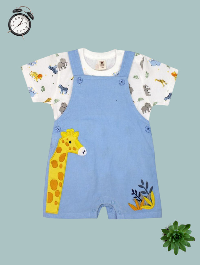 Giraffe Embroidered Blue Overalls Set with Jungle Animal T-shirt