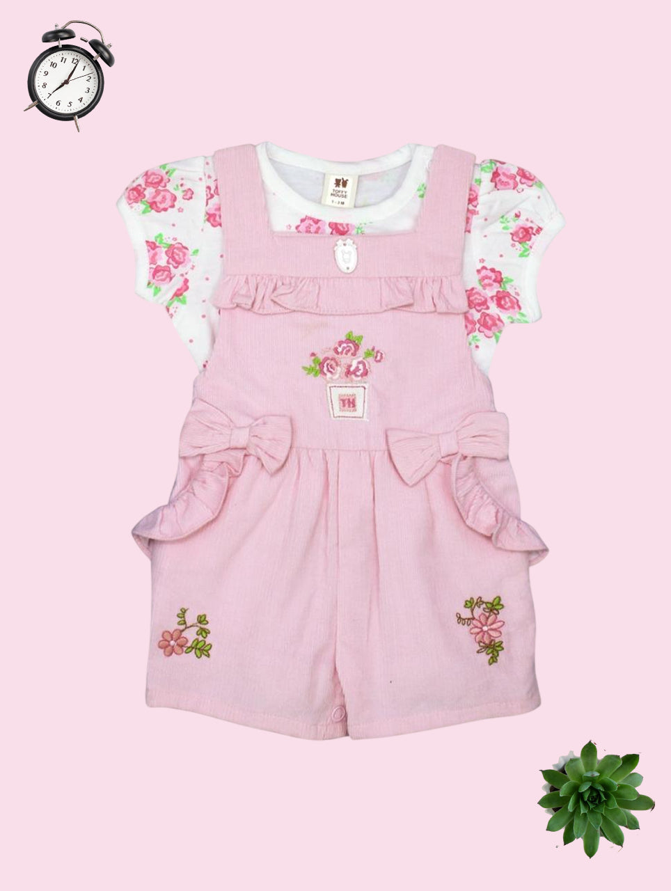 Floral Embroidered Pink Overalls Set with Bow Detail for Babies
