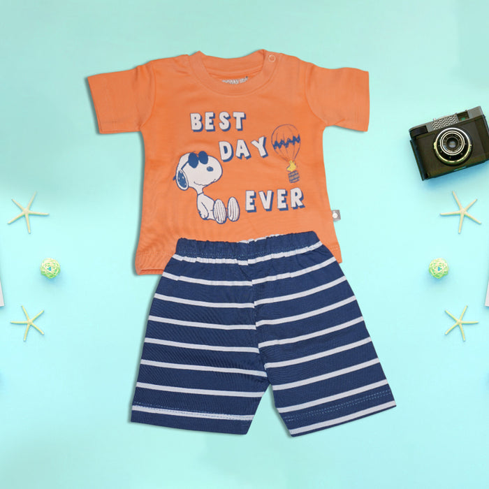 Kids Orange T-Shirt and Striped Blue Shorts Set