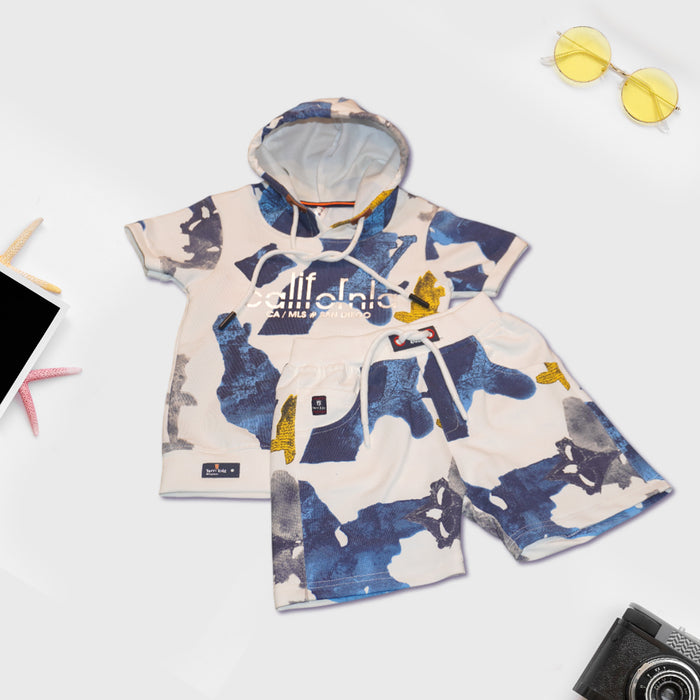 Blue and White Hoodie T-Shirt with Shorts Set
