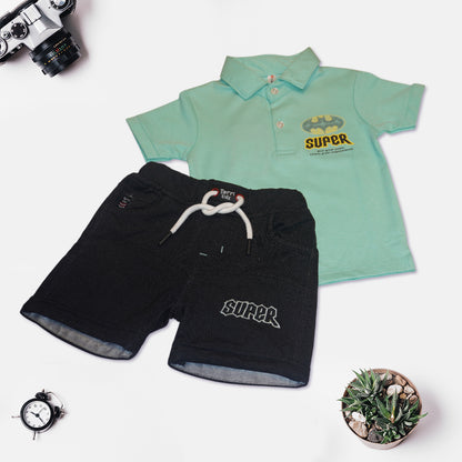Kids Sea Green Collar T-Shirt with Denim Shorts