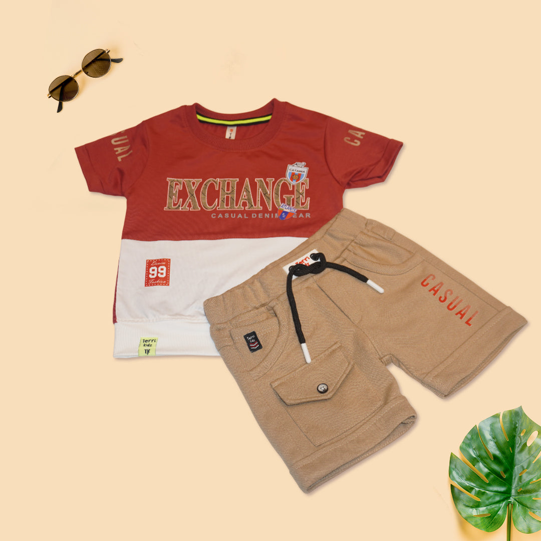 Kids Casual Red and White T-Shirt with Shorts
