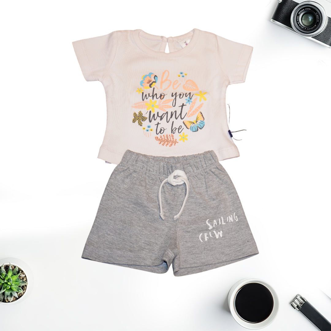 White Printed Tees with Grey Shorts for Girls