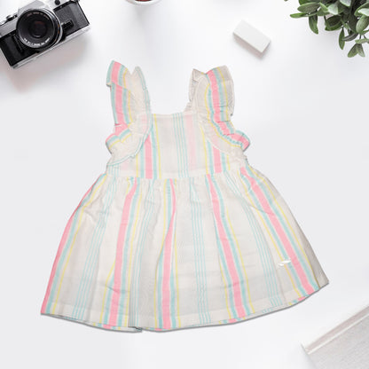Girls' Pastel Rainbow Stripe Cotton Dress with Ruffle Sleeves – 100% Cotton