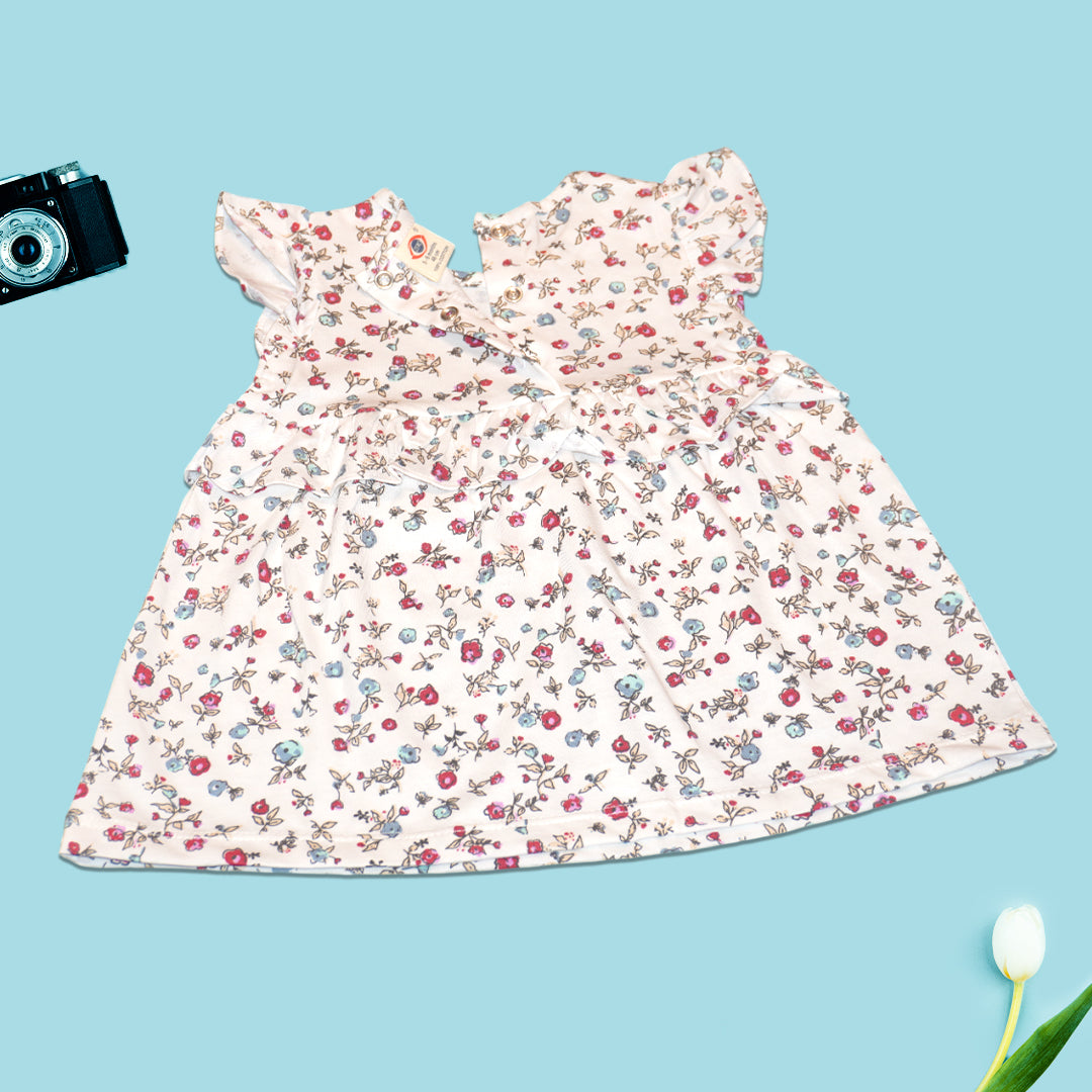 Baby Girls’ Soft Cotton Dress – Dainty Floral Print with Ruffle Sleeves