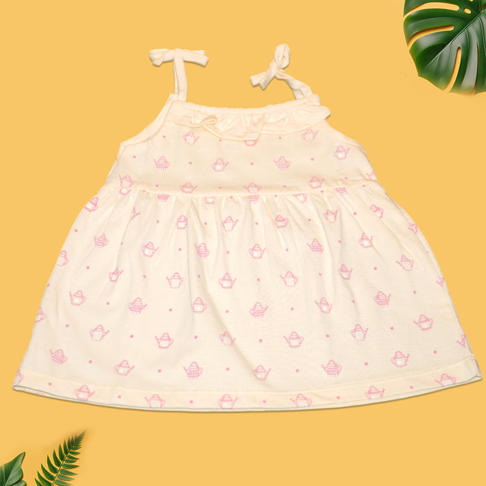 Baby Girls’ Sleeveless Cotton Dress – Cream with Pink Basket Print & Bow Straps